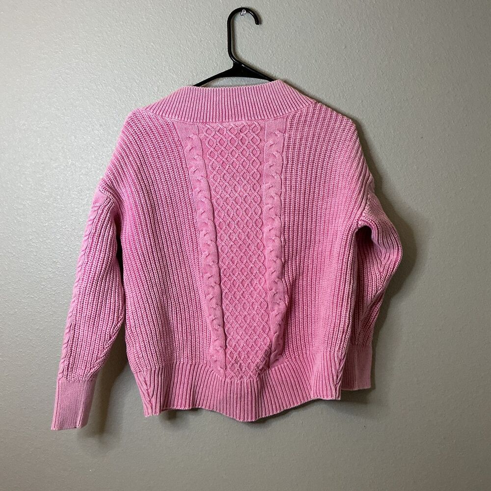 Aerie Pink Cable Knit Sweater Small Oversized V Neck Chunky Cottagecore - Picture 8 of 9